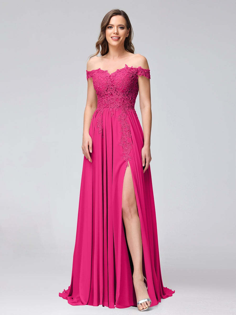 Princess A-Line Off-the-Shoulder Long Bridesmaid Dresses with Side Slit and Appliqued Sleeveless Design-BMbridal.UK