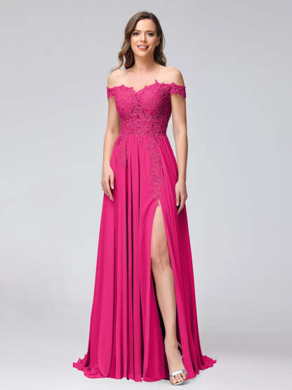 Princess A-Line Off-the-Shoulder Long Bridesmaid Dresses with Side Slit and Appliqued Sleeveless Design-BMbridal.UK