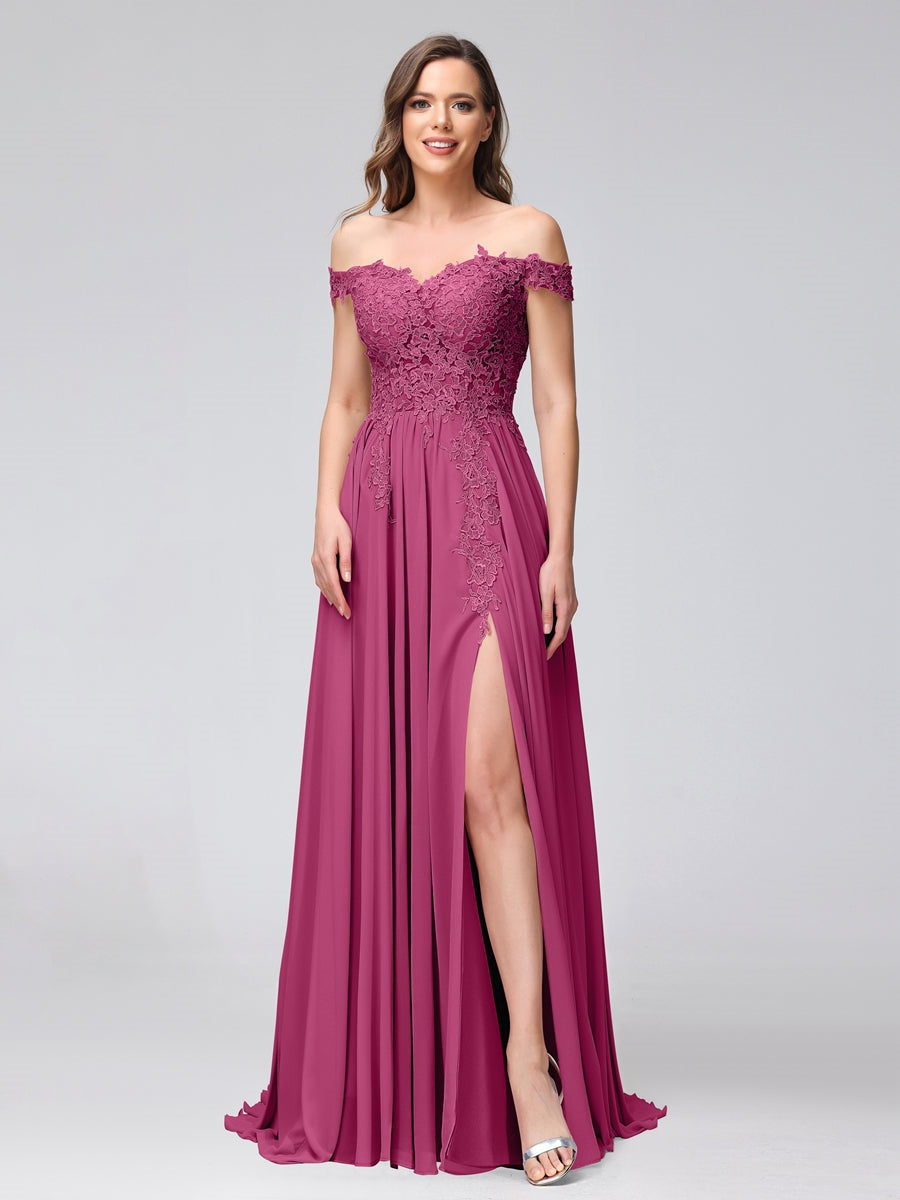 Princess A-Line Off-the-Shoulder Long Bridesmaid Dresses with Side Slit and Appliqued Sleeveless Design-BMbridal.UK