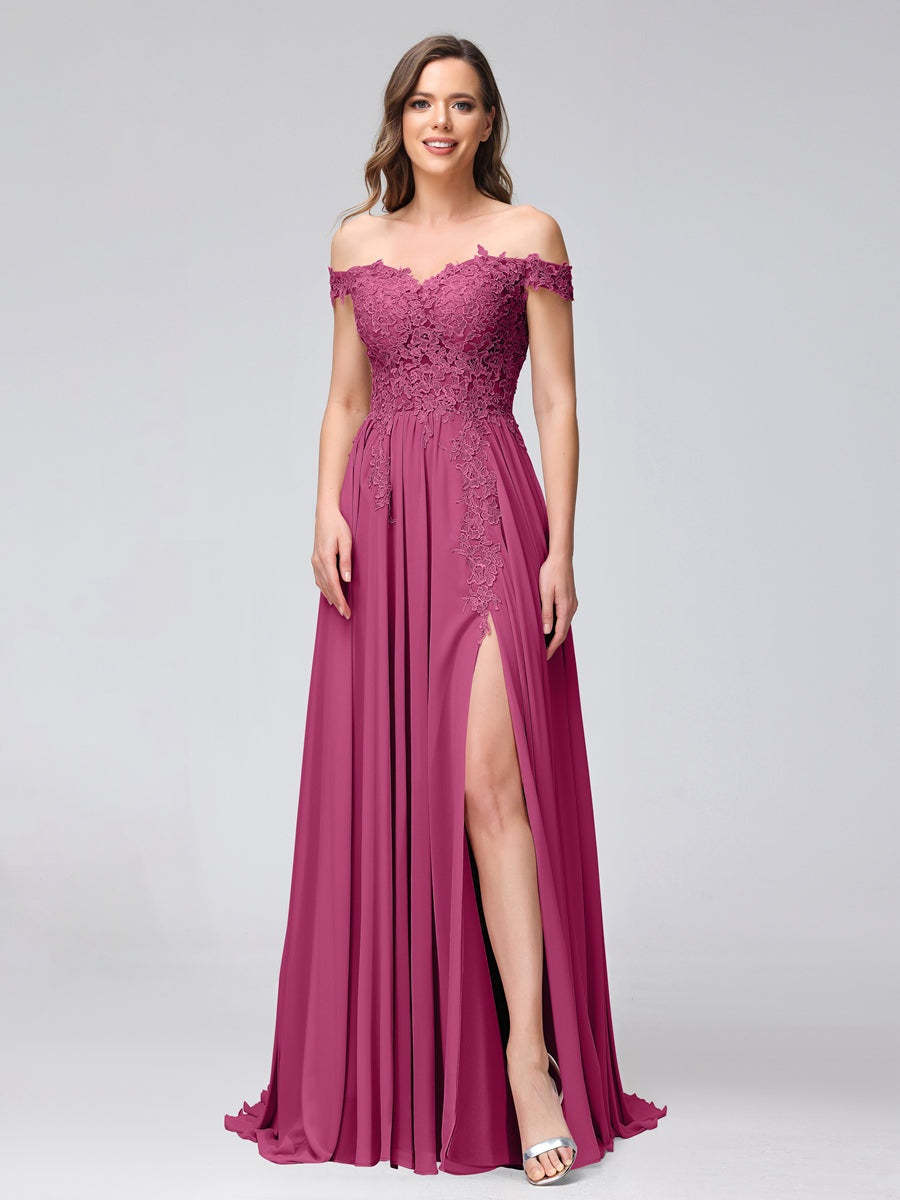 Princess A-Line Off-the-Shoulder Long Bridesmaid Dresses with Side Slit and Appliqued Sleeveless Design-BMbridal.UK