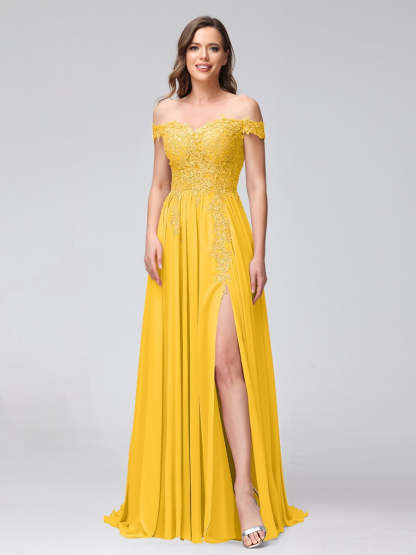 Princess A-Line Off-the-Shoulder Long Bridesmaid Dresses with Side Slit and Appliqued Sleeveless Design-BMbridal.UK