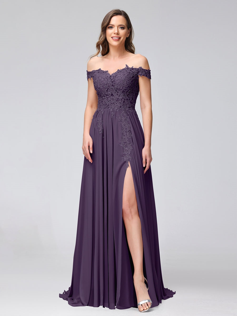 Princess A-Line Off-the-Shoulder Long Bridesmaid Dresses with Side Slit and Appliqued Sleeveless Design-BMbridal.UK