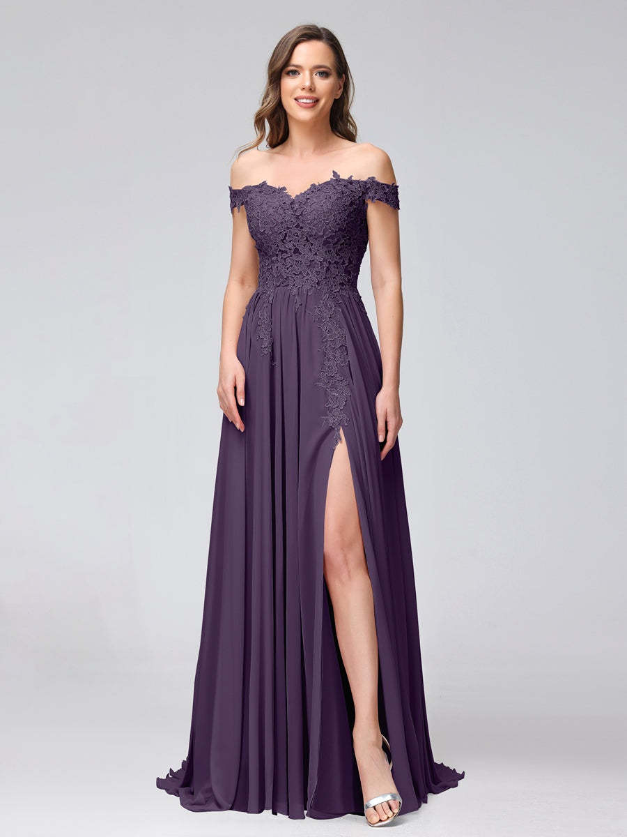 Princess A-Line Off-the-Shoulder Long Bridesmaid Dresses with Side Slit and Appliqued Sleeveless Design-BMbridal.UK