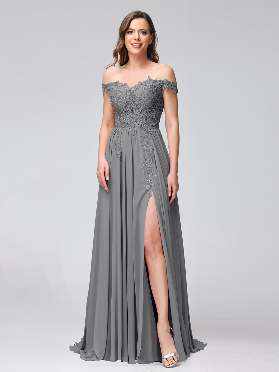 Princess A-Line Off-the-Shoulder Long Bridesmaid Dresses with Side Slit and Appliqued Sleeveless Design-BMbridal.UK