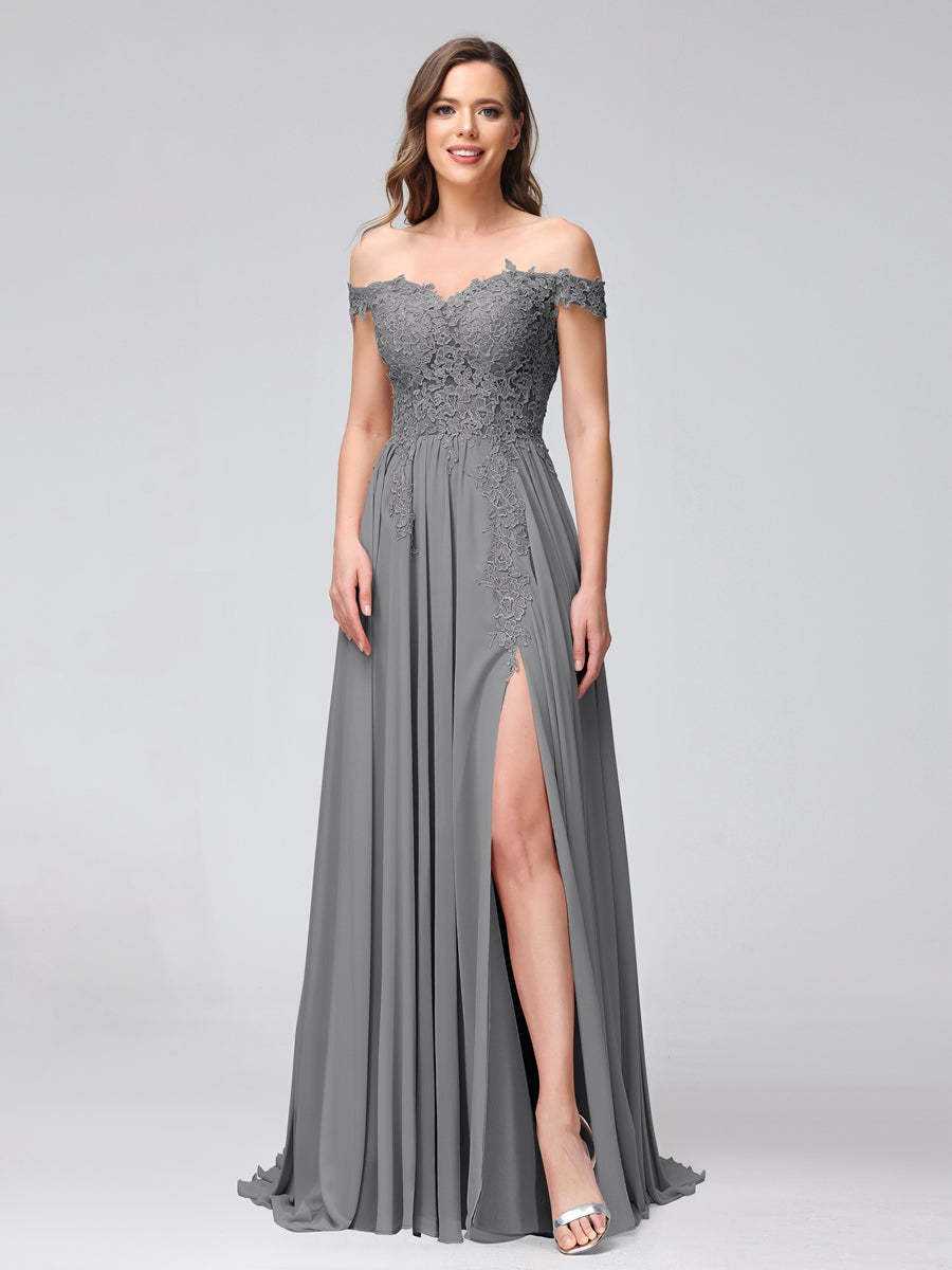 Princess A-Line Off-the-Shoulder Long Bridesmaid Dresses with Side Slit and Appliqued Sleeveless Design-BMbridal.UK