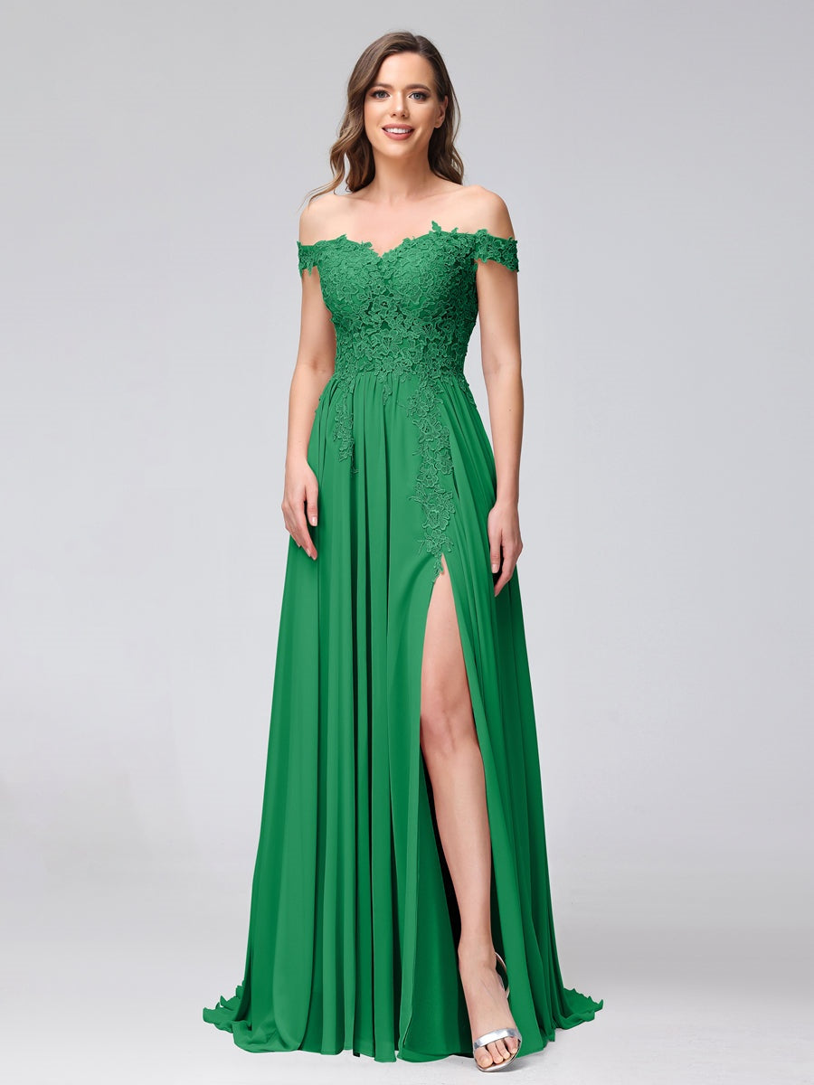 Princess A-Line Off-the-Shoulder Long Bridesmaid Dresses with Side Slit and Appliqued Sleeveless Design-BMbridal.UK