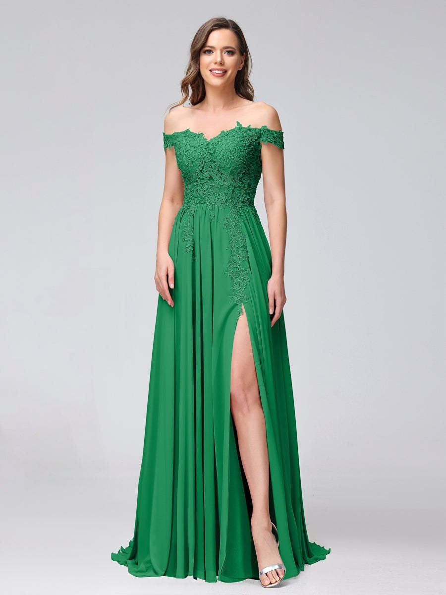Princess A-Line Off-the-Shoulder Long Bridesmaid Dresses with Side Slit and Appliqued Sleeveless Design-BMbridal.UK