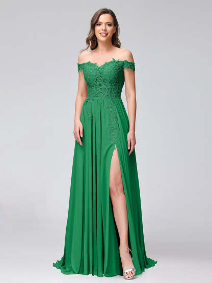 Princess A-Line Off-the-Shoulder Long Bridesmaid Dresses with Side Slit and Appliqued Sleeveless Design-BMbridal.UK