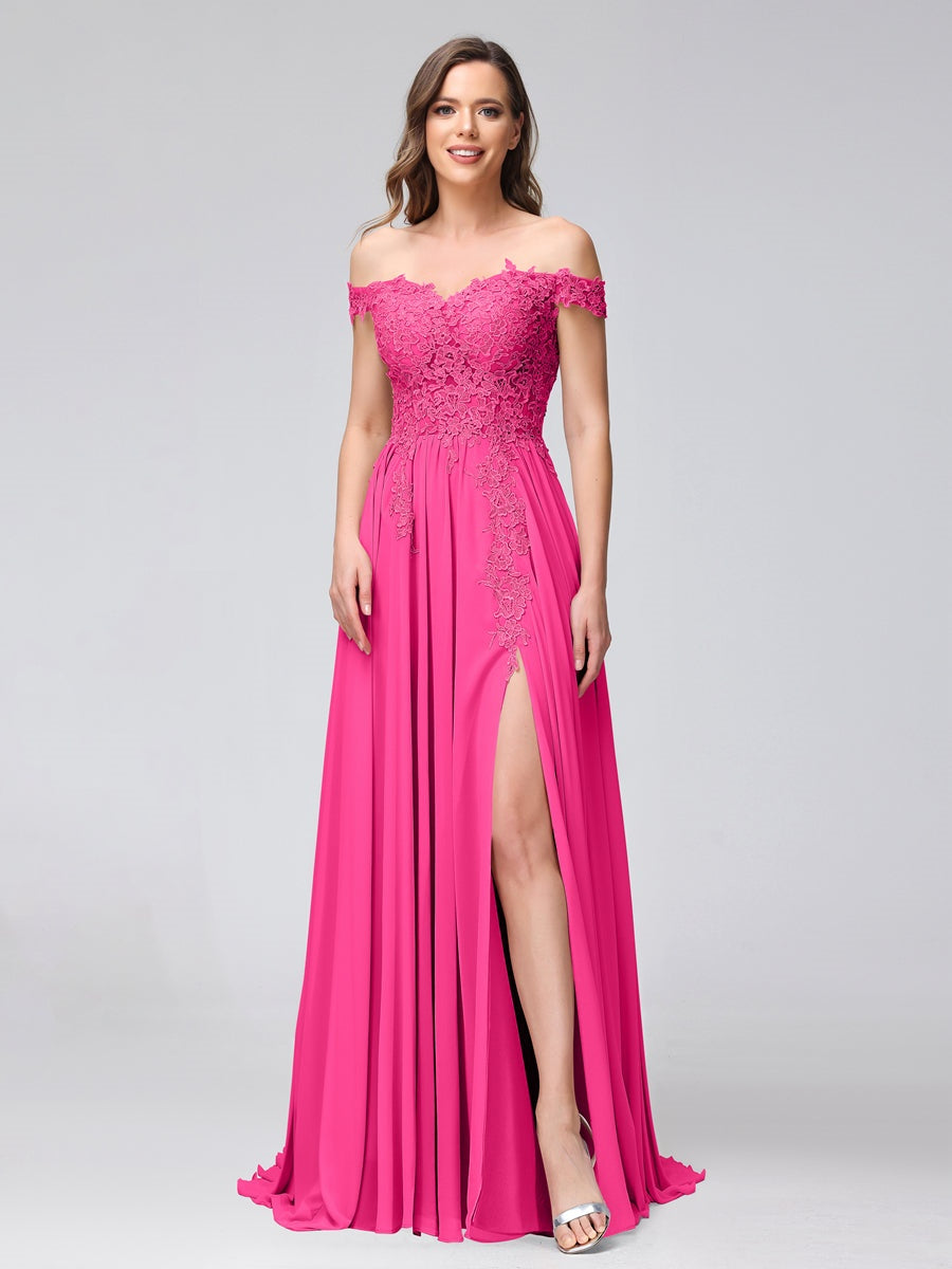 Princess A-Line Off-the-Shoulder Long Bridesmaid Dresses with Side Slit and Appliqued Sleeveless Design-BMbridal.UK