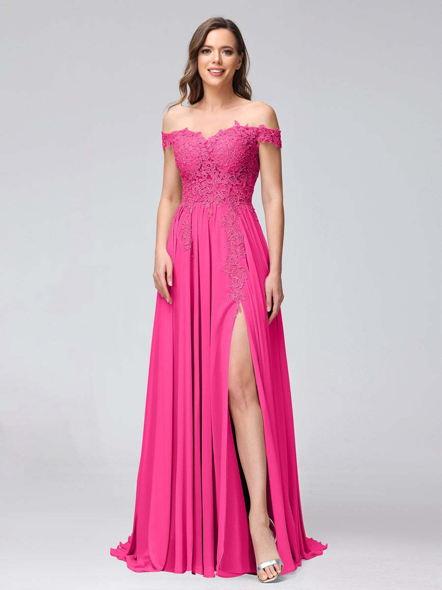 Princess A-Line Off-the-Shoulder Long Bridesmaid Dresses with Side Slit and Appliqued Sleeveless Design-BMbridal.UK