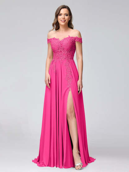Princess A-Line Off-the-Shoulder Long Bridesmaid Dresses with Side Slit and Appliqued Sleeveless Design-BMbridal.UK