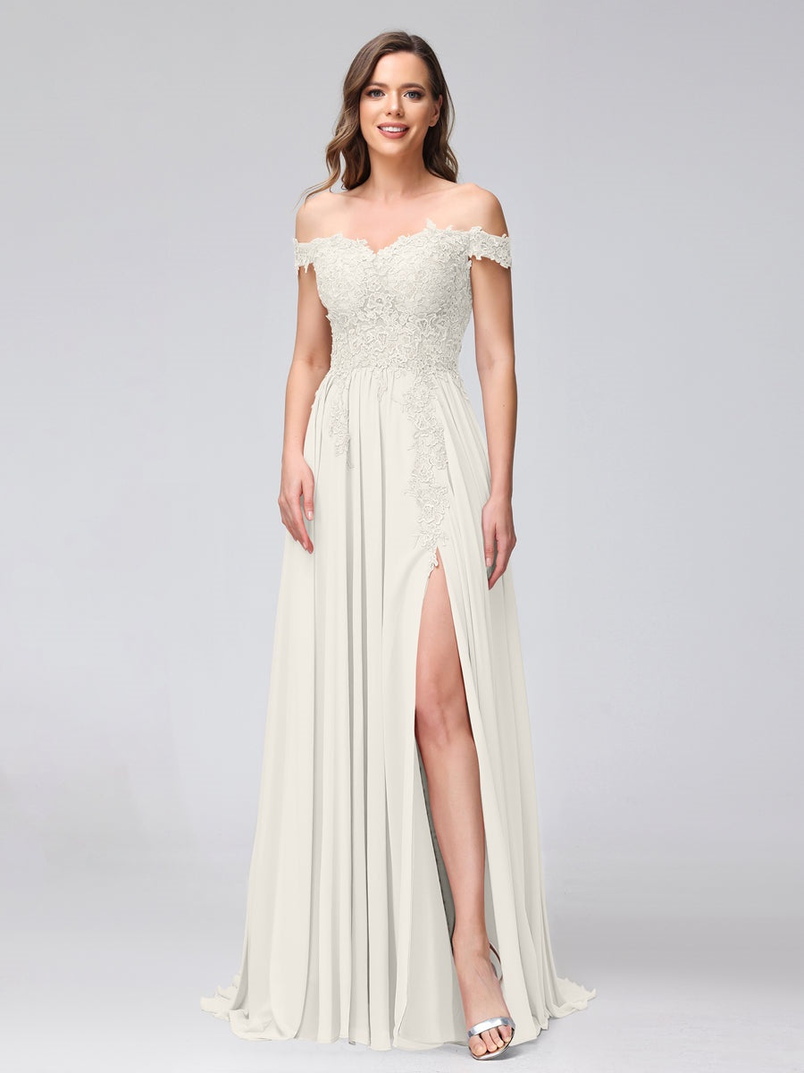 Princess A-Line Off-the-Shoulder Long Bridesmaid Dresses with Side Slit and Appliqued Sleeveless Design-BMbridal.UK