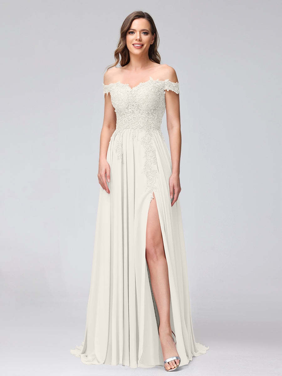 Princess A-Line Off-the-Shoulder Long Bridesmaid Dresses with Side Slit and Appliqued Sleeveless Design-BMbridal.UK