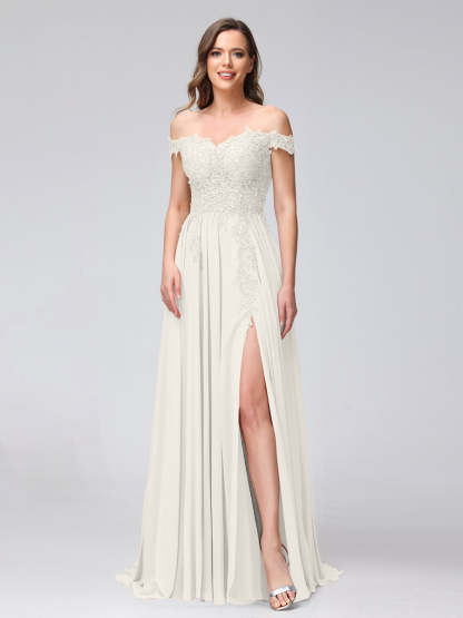 Princess A-Line Off-the-Shoulder Long Bridesmaid Dresses with Side Slit and Appliqued Sleeveless Design-BMbridal.UK