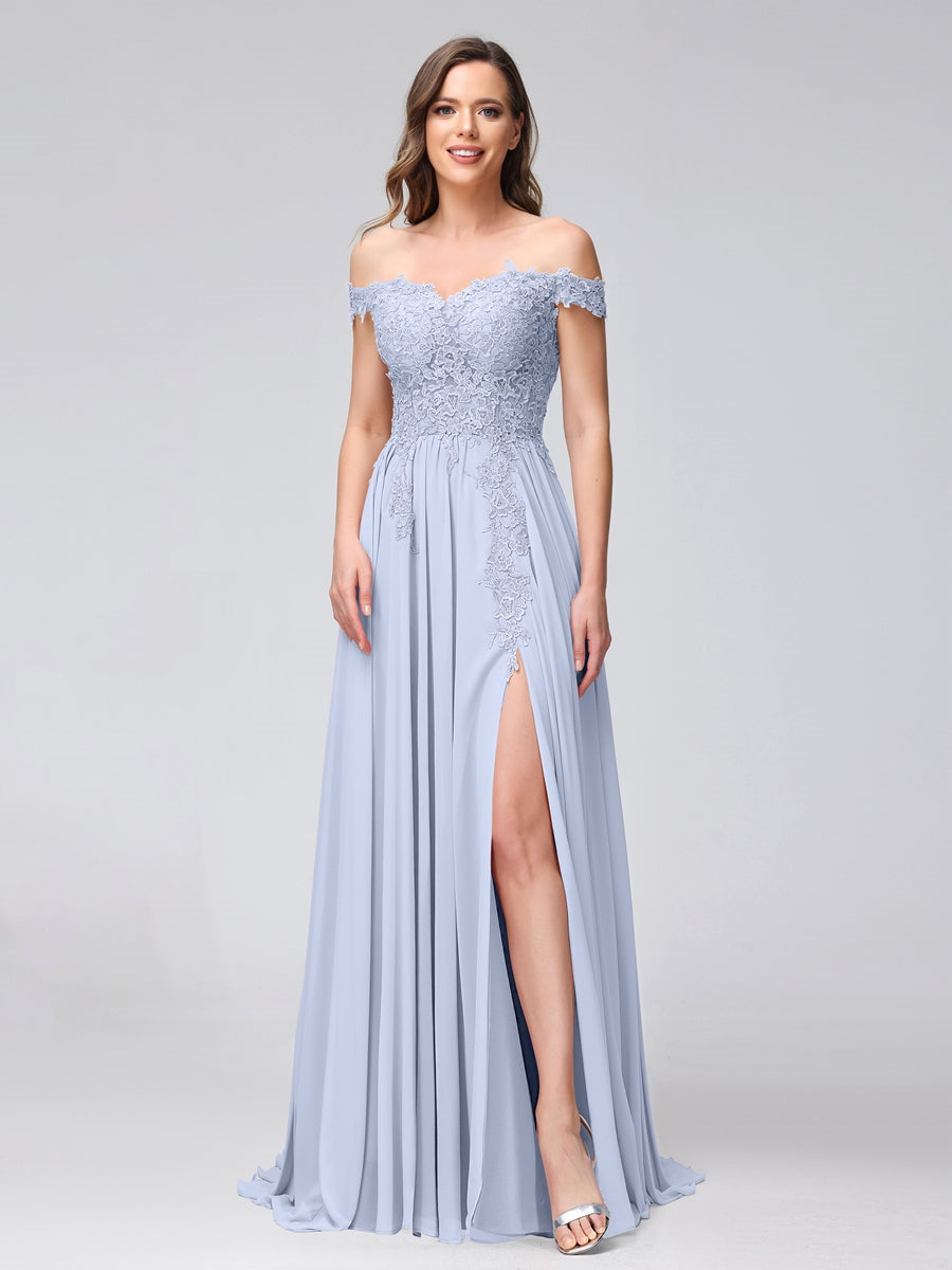 Princess A-Line Off-the-Shoulder Long Bridesmaid Dresses with Side Slit and Appliqued Sleeveless Design-BMbridal.UK