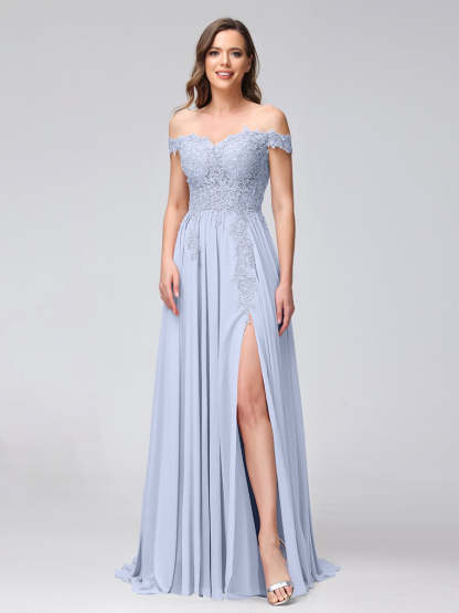 Princess A-Line Off-the-Shoulder Long Bridesmaid Dresses with Side Slit and Appliqued Sleeveless Design-BMbridal.UK