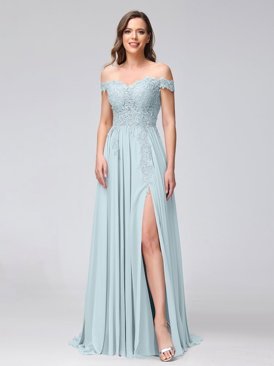 Princess A-Line Off-the-Shoulder Long Bridesmaid Dresses with Side Slit and Appliqued Sleeveless Design-BMbridal.UK
