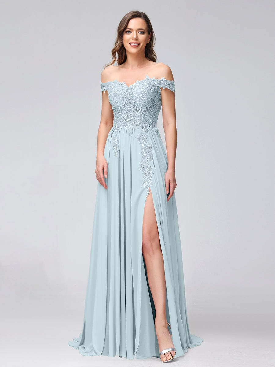 Princess A-Line Off-the-Shoulder Long Bridesmaid Dresses with Side Slit and Appliqued Sleeveless Design-BMbridal.UK