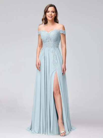 Princess A-Line Off-the-Shoulder Long Bridesmaid Dresses with Side Slit and Appliqued Sleeveless Design-BMbridal.UK