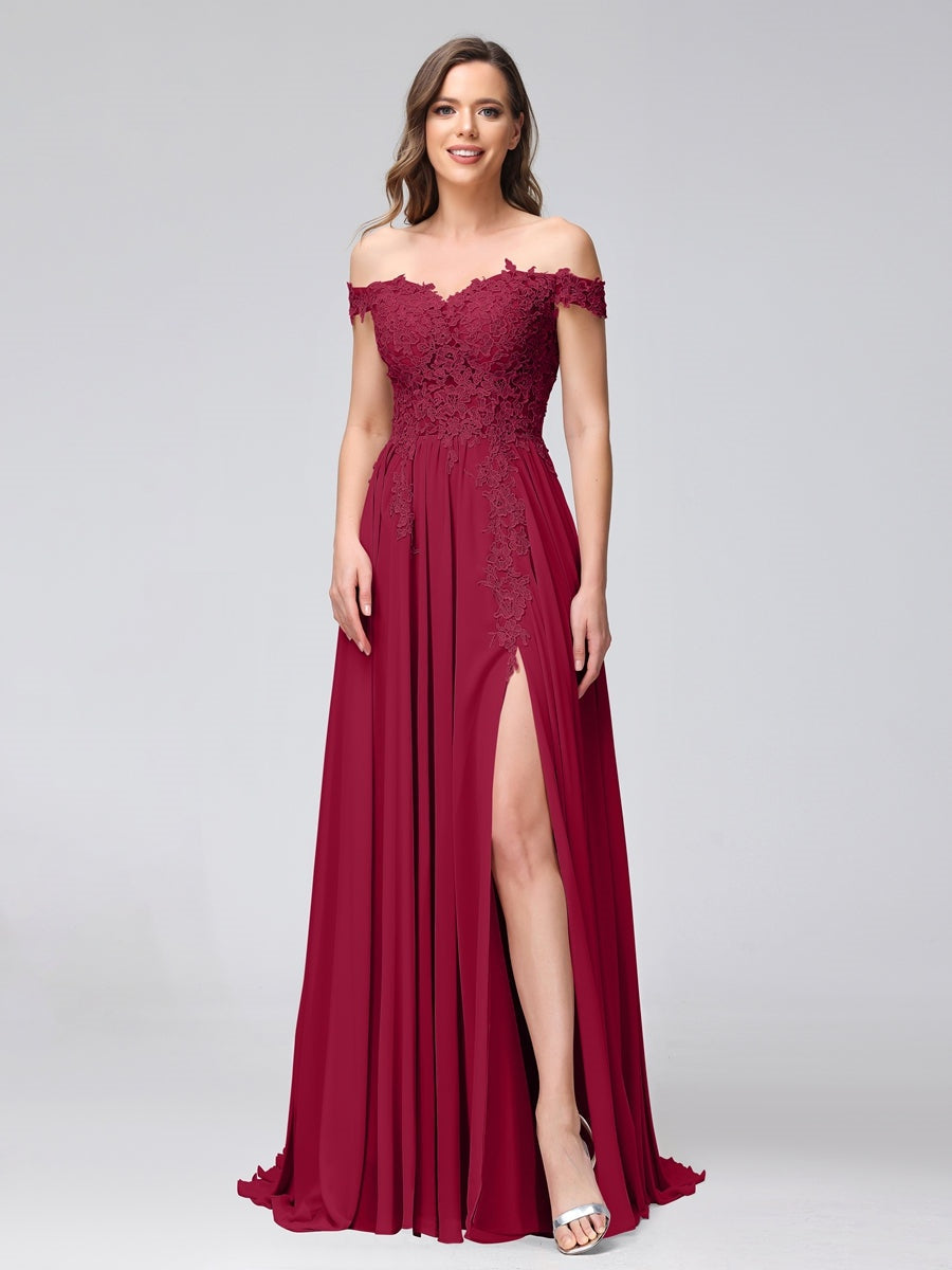 Princess A-Line Off-the-Shoulder Long Bridesmaid Dresses with Side Slit and Appliqued Sleeveless Design-BMbridal.UK