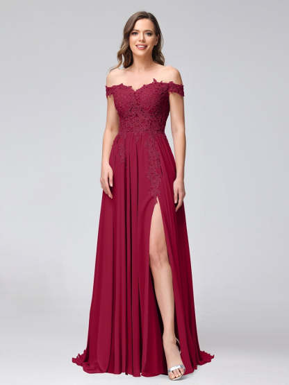 Princess A-Line Off-the-Shoulder Long Bridesmaid Dresses with Side Slit and Appliqued Sleeveless Design-BMbridal.UK
