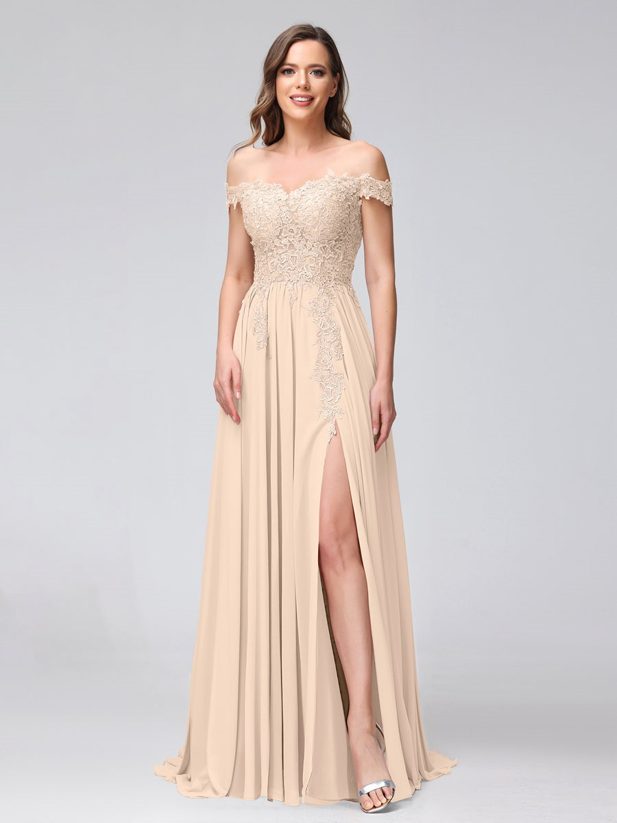 Princess A-Line Off-the-Shoulder Long Bridesmaid Dresses with Side Slit and Appliqued Sleeveless Design-BMbridal.UK