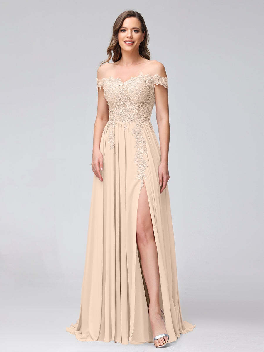 Princess A-Line Off-the-Shoulder Long Bridesmaid Dresses with Side Slit and Appliqued Sleeveless Design-BMbridal.UK