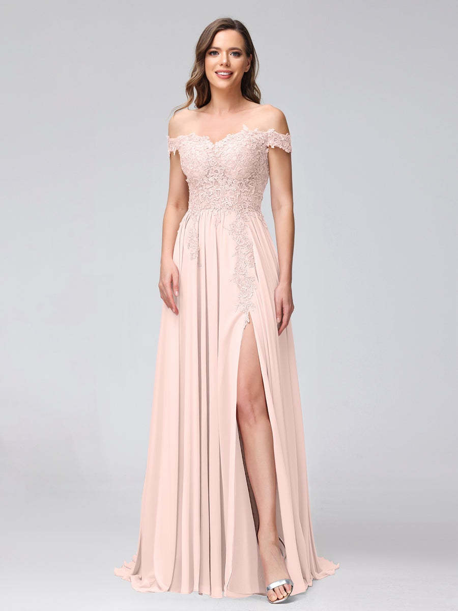 Princess A-Line Off-the-Shoulder Long Bridesmaid Dresses with Side Slit and Appliqued Sleeveless Design-BMbridal.UK