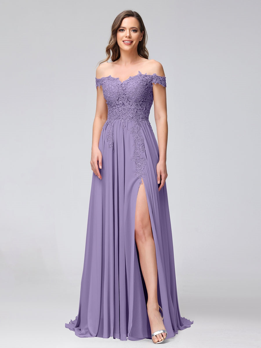 Princess A-Line Off-the-Shoulder Long Bridesmaid Dresses with Side Slit and Appliqued Sleeveless Design-BMbridal.UK