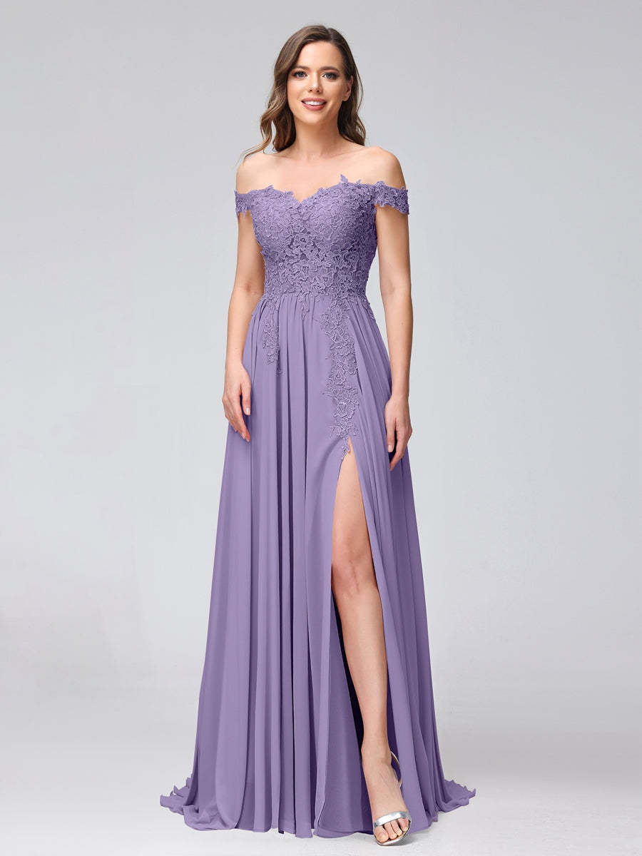 Princess A-Line Off-the-Shoulder Long Bridesmaid Dresses with Side Slit and Appliqued Sleeveless Design-BMbridal.UK