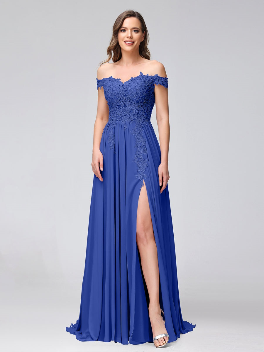 Princess A-Line Off-the-Shoulder Long Bridesmaid Dresses with Side Slit and Appliqued Sleeveless Design-BMbridal.UK
