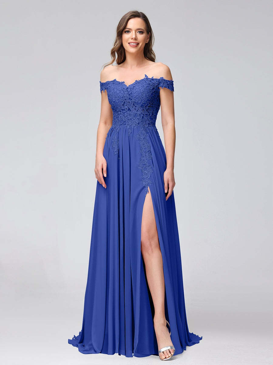 Princess A-Line Off-the-Shoulder Long Bridesmaid Dresses with Side Slit and Appliqued Sleeveless Design-BMbridal.UK