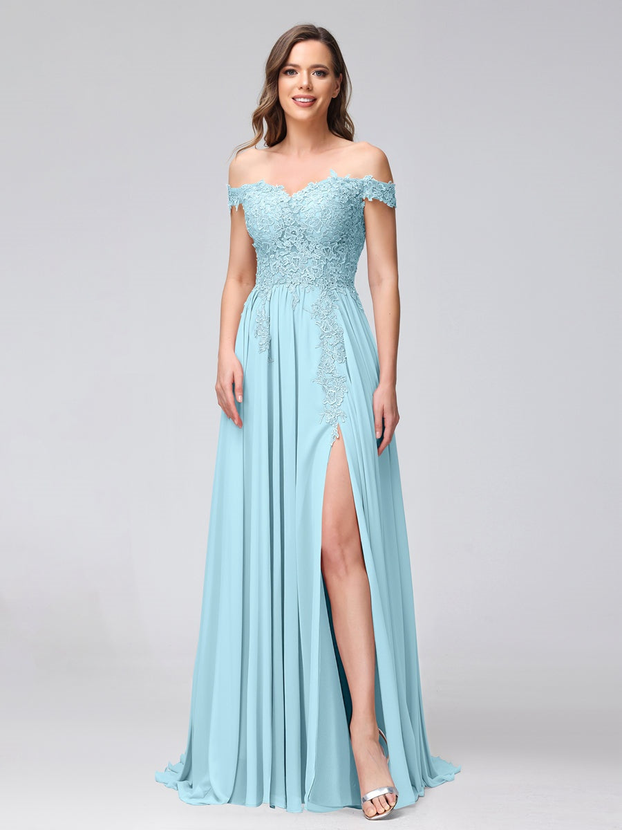 Princess A-Line Off-the-Shoulder Long Bridesmaid Dresses with Side Slit and Appliqued Sleeveless Design-BMbridal.UK