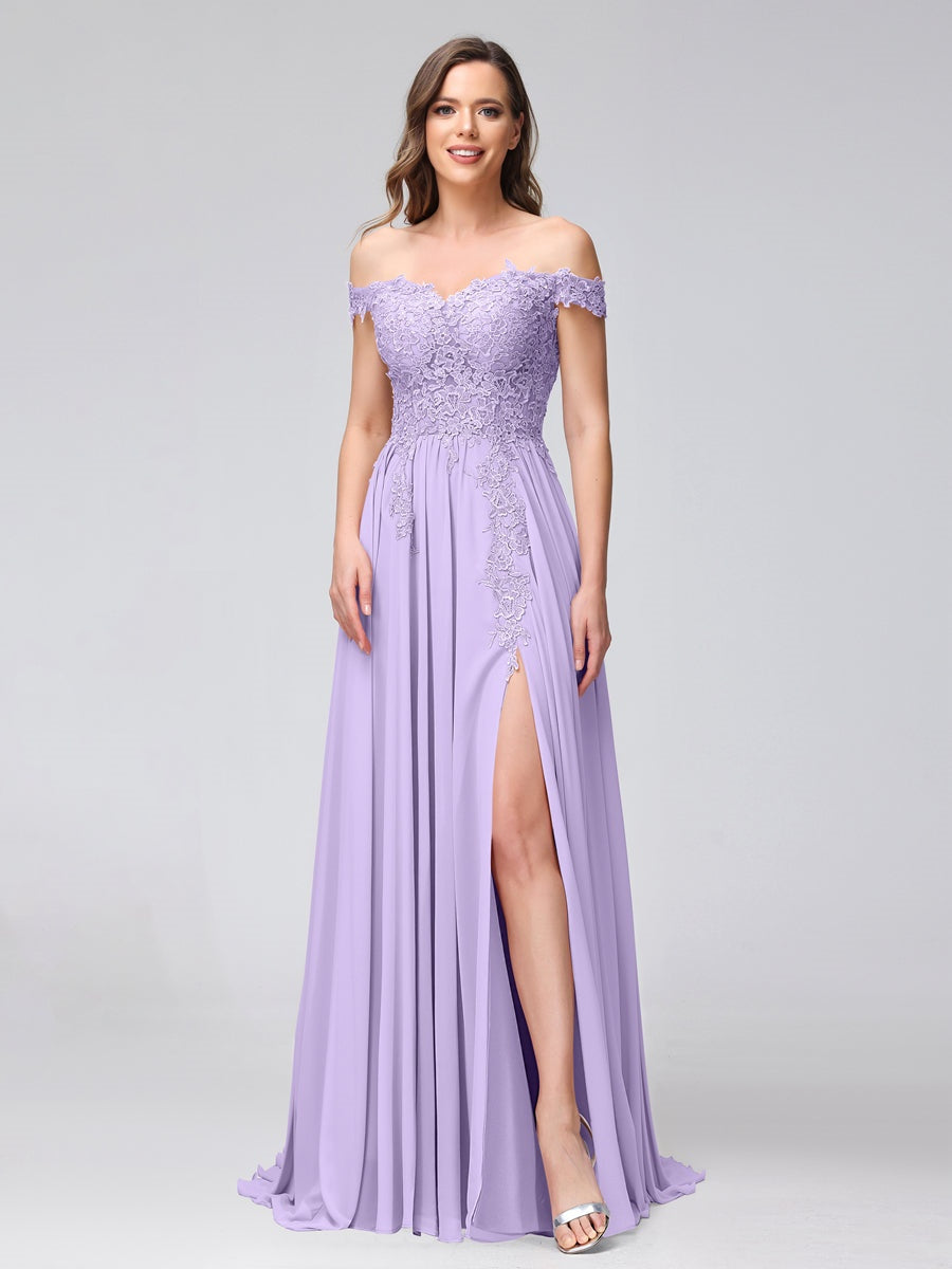 Princess A-Line Off-the-Shoulder Long Bridesmaid Dresses with Side Slit and Appliqued Sleeveless Design-BMbridal.UK