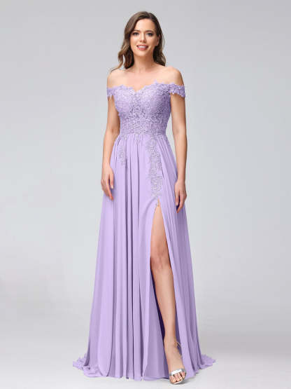Princess A-Line Off-the-Shoulder Long Bridesmaid Dresses with Side Slit and Appliqued Sleeveless Design-BMbridal.UK