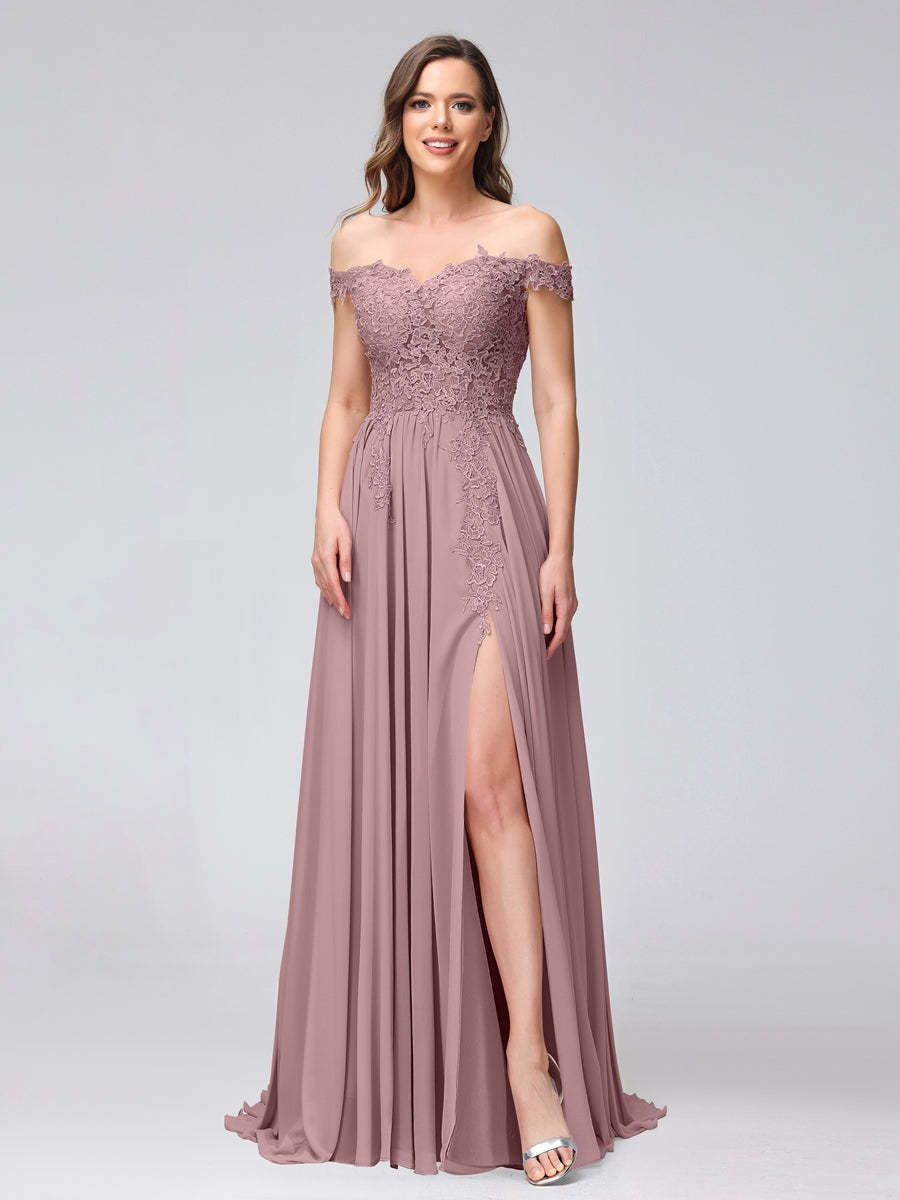 Princess A-Line Off-the-Shoulder Long Bridesmaid Dresses with Side Slit and Appliqued Sleeveless Design-BMbridal.UK