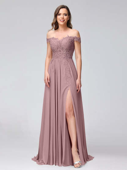 Princess A-Line Off-the-Shoulder Long Bridesmaid Dresses with Side Slit and Appliqued Sleeveless Design-BMbridal.UK