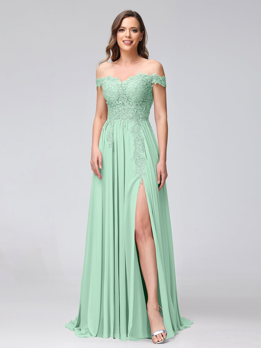 Princess A-Line Off-the-Shoulder Long Bridesmaid Dresses with Side Slit and Appliqued Sleeveless Design-BMbridal.UK