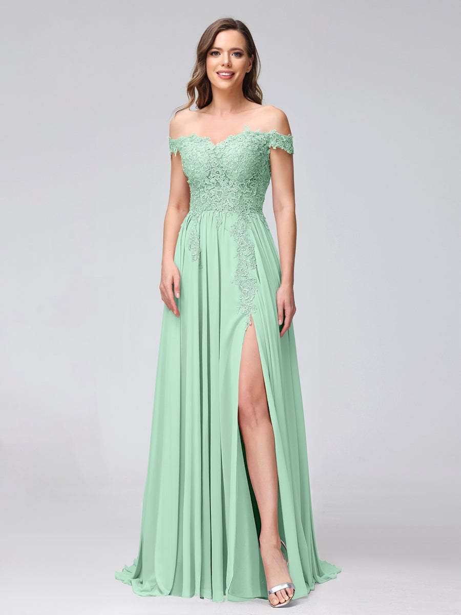 Princess A-Line Off-the-Shoulder Long Bridesmaid Dresses with Side Slit and Appliqued Sleeveless Design-BMbridal.UK
