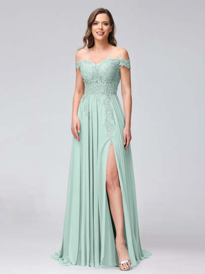 Princess A-Line Off-the-Shoulder Long Bridesmaid Dresses with Side Slit and Appliqued Sleeveless Design-BMbridal.UK
