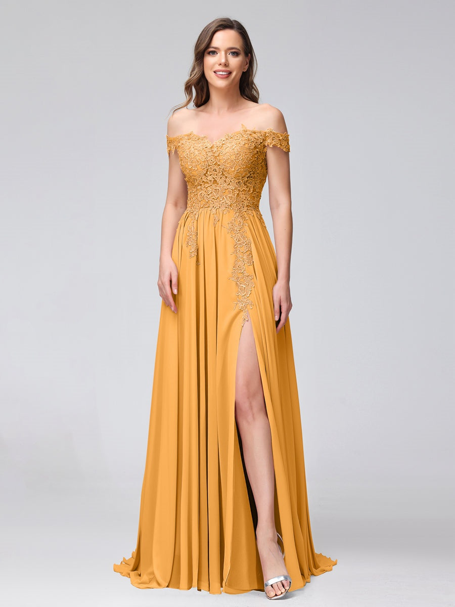 Princess A-Line Off-the-Shoulder Long Bridesmaid Dresses with Side Slit and Appliqued Sleeveless Design-BMbridal.UK