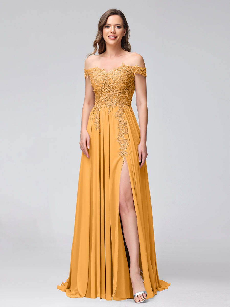 Princess A-Line Off-the-Shoulder Long Bridesmaid Dresses with Side Slit and Appliqued Sleeveless Design-BMbridal.UK