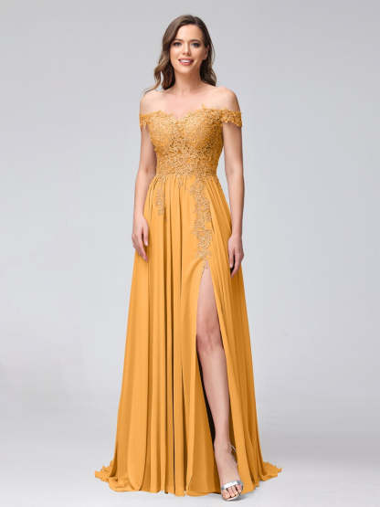 Princess A-Line Off-the-Shoulder Long Bridesmaid Dresses with Side Slit and Appliqued Sleeveless Design-BMbridal.UK