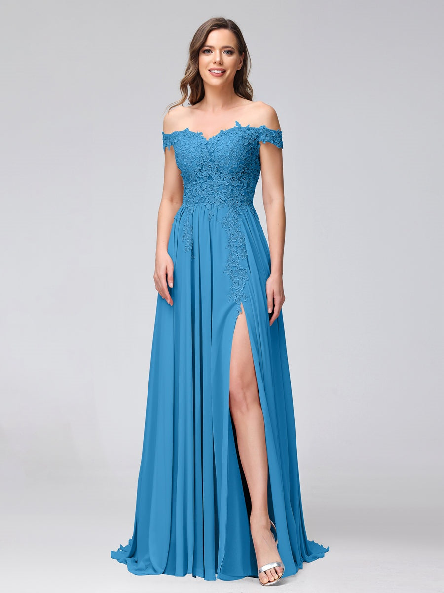 Princess A-Line Off-the-Shoulder Long Bridesmaid Dresses with Side Slit and Appliqued Sleeveless Design-BMbridal.UK