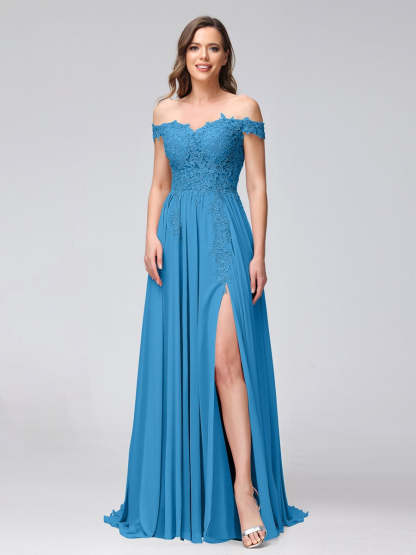 Princess A-Line Off-the-Shoulder Long Bridesmaid Dresses with Side Slit and Appliqued Sleeveless Design-BMbridal.UK