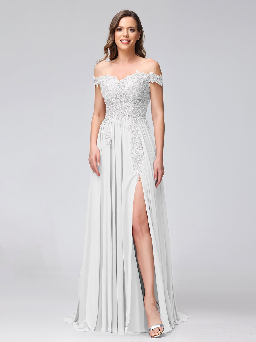 Princess A-Line Off-the-Shoulder Long Bridesmaid Dresses with Side Slit and Appliqued Sleeveless Design-BMbridal.UK