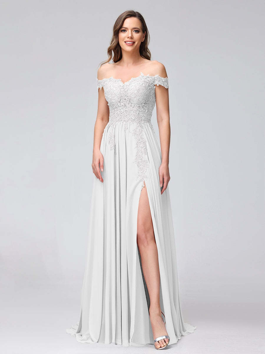 Princess A-Line Off-the-Shoulder Long Bridesmaid Dresses with Side Slit and Appliqued Sleeveless Design-BMbridal.UK
