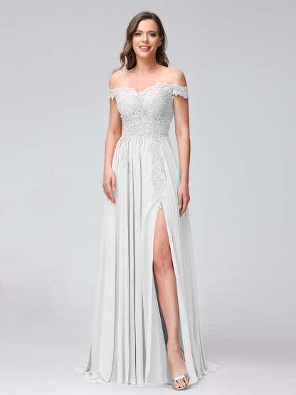 Princess A-Line Off-the-Shoulder Long Bridesmaid Dresses with Side Slit and Appliqued Sleeveless Design-BMbridal.UK