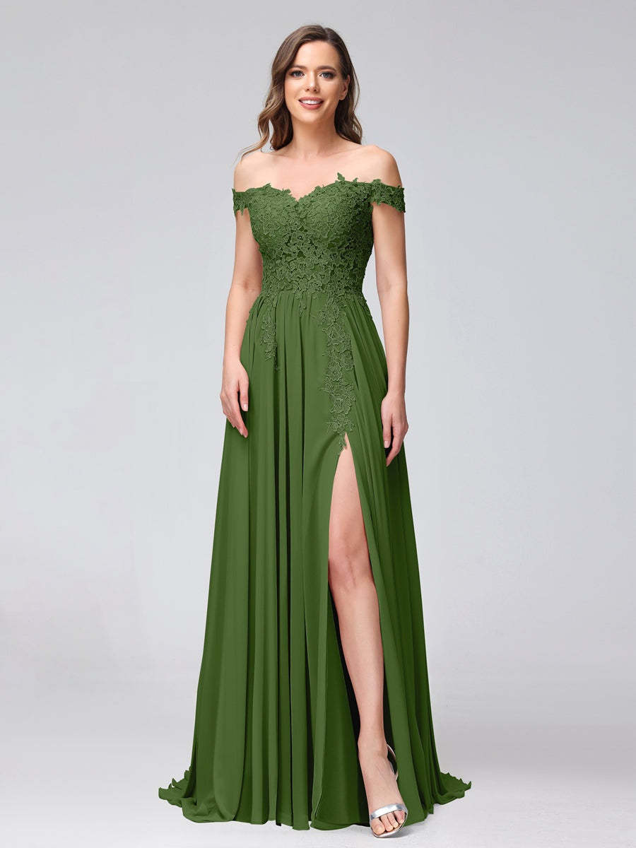 Princess A-Line Off-the-Shoulder Long Bridesmaid Dresses with Side Slit and Appliqued Sleeveless Design-BMbridal.UK