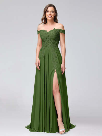 Princess A-Line Off-the-Shoulder Long Bridesmaid Dresses with Side Slit and Appliqued Sleeveless Design-BMbridal.UK